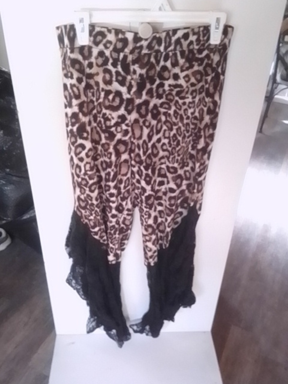 Leopard Print Wide-Leg Pants with Black Lace Trim